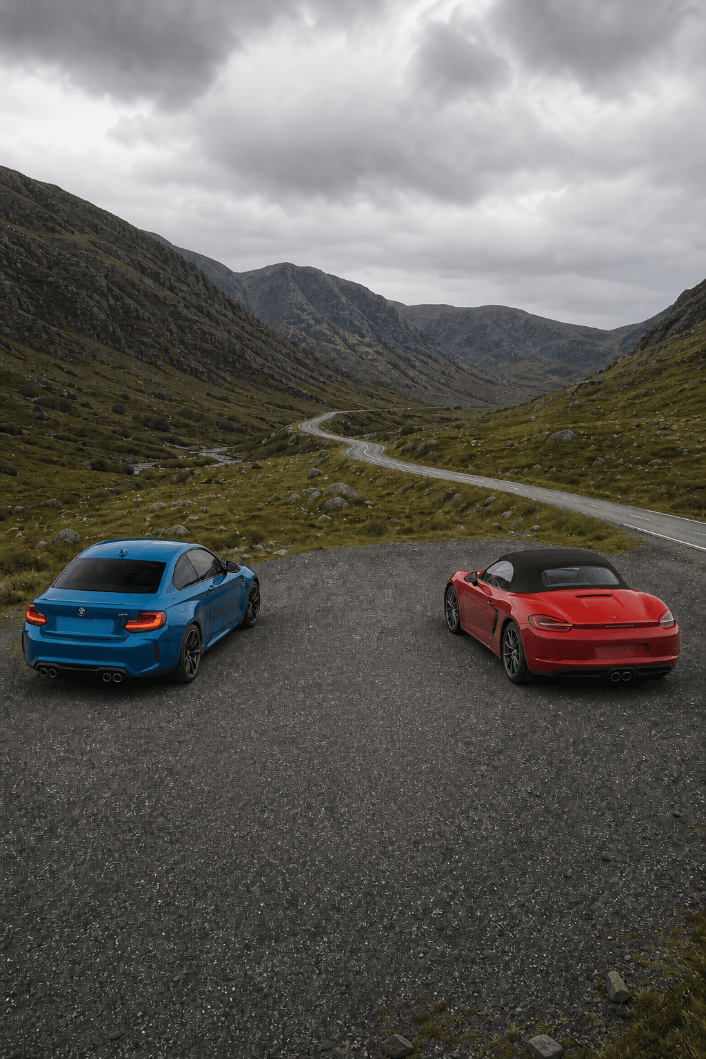 BMW M2 y Porsche en una carretera de montaña para una ruta privada de THE DRIVING LIST.