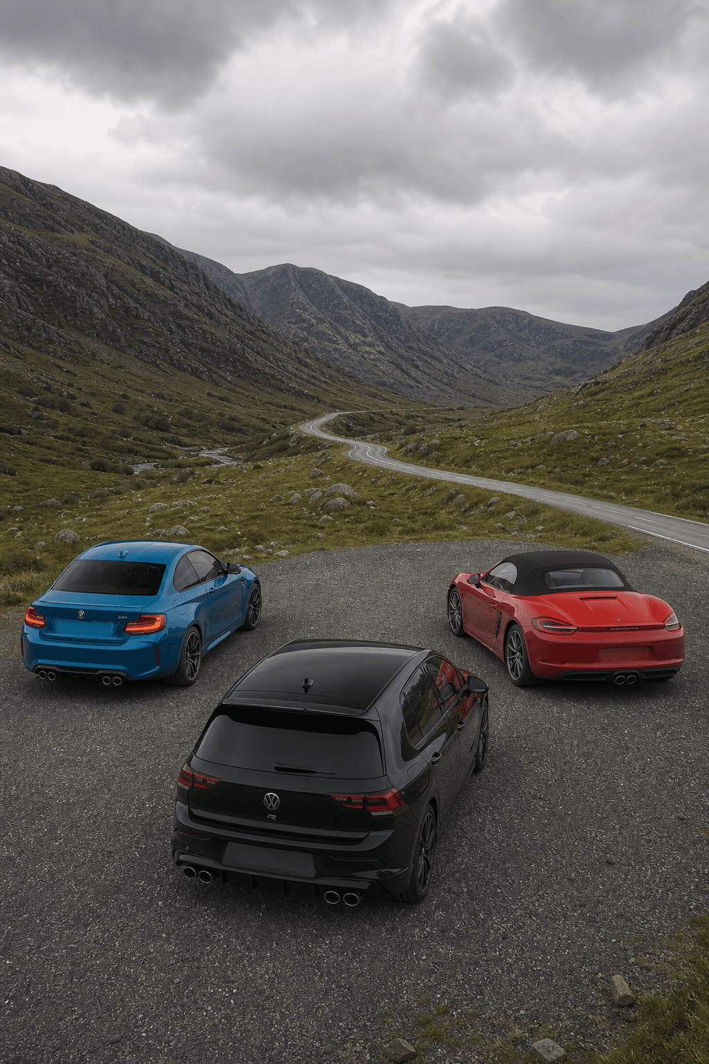 Ruta de coupés y cabrios deportivos por una carretera de montaña con THE DRIVING LIST.