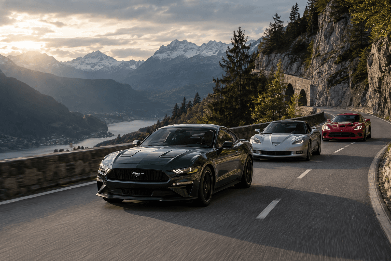 Ruta de coches americanos con Ford Mustang, Chevrolet Corvette y Dodge Viper con THE DRIVING LIST.