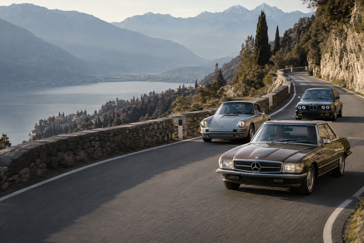 Ruta de coches clásicos con Porsche 911, BMW E30 y Mercedes SL con THE DRIVING LIST.