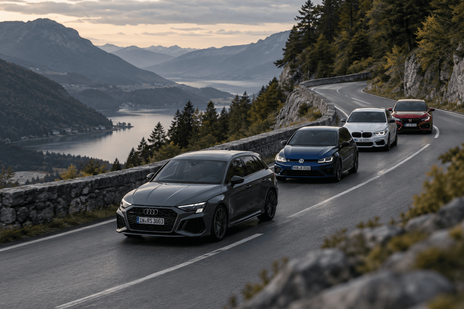 Ruta de compactos deportivos Audi RS3, Golf R y BMW M140i por una carretera de montaña con THE DRIVING LIST.