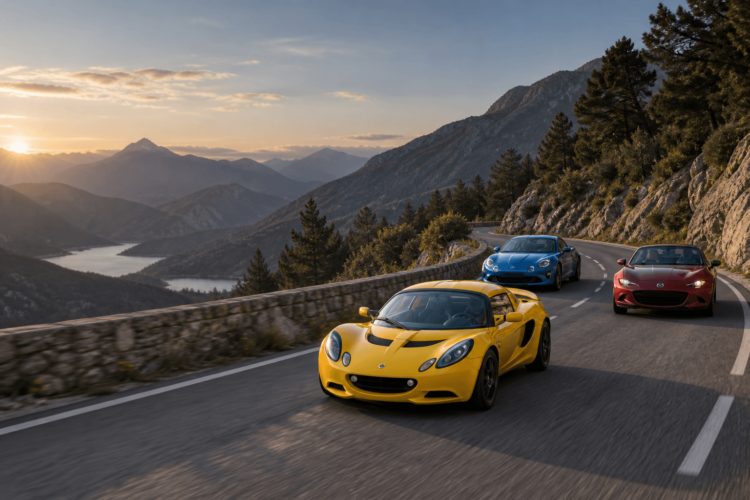 Ruta de deportivos ligeros con Lotus Elise, Alpine A110 y Mazda MX-5 ND con THE DRIVING LIST.
