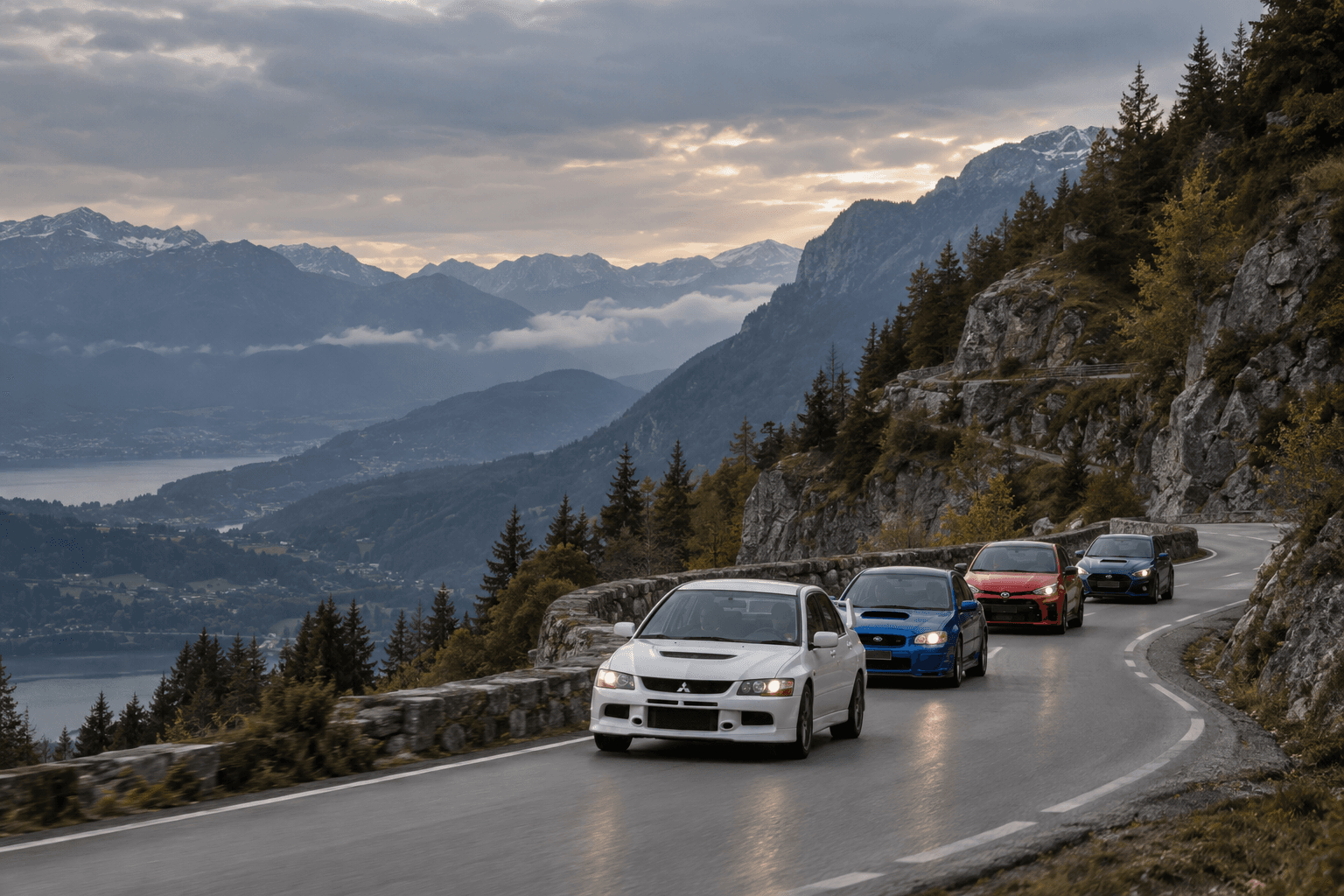Ruta de coches con ADN de rally por una carretera de montaña con THE DRIVING LIST.