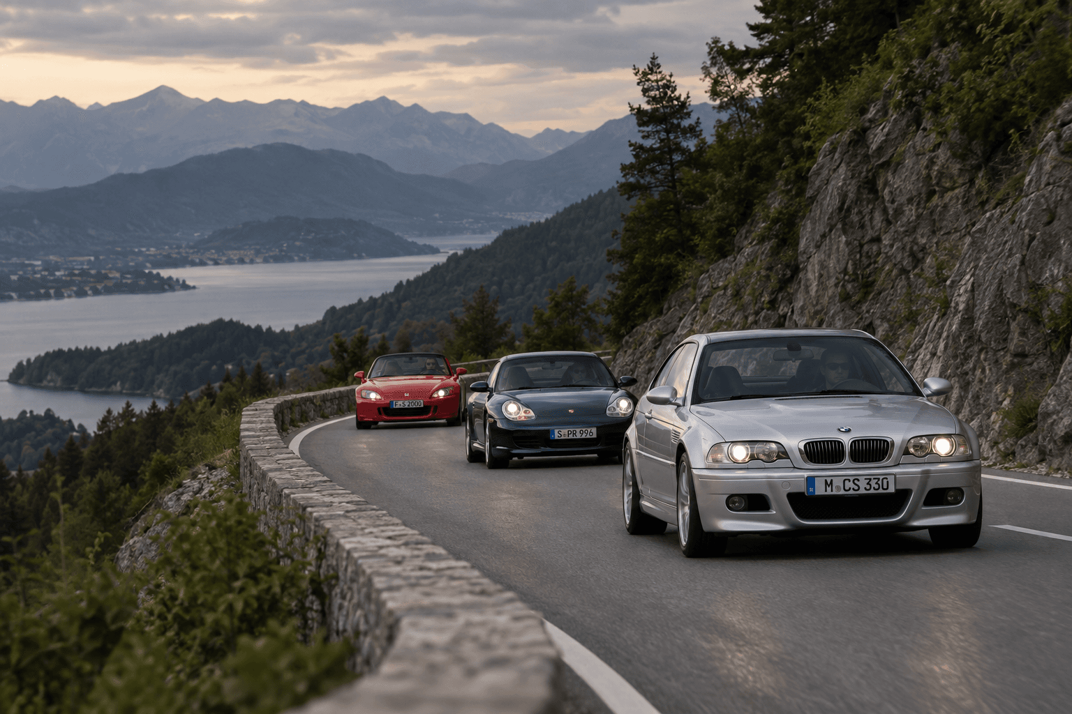 Ruta de youngtimers deportivos con BMW M3 E46, Porsche 996 y Honda S2000 con THE DRIVING LIST.