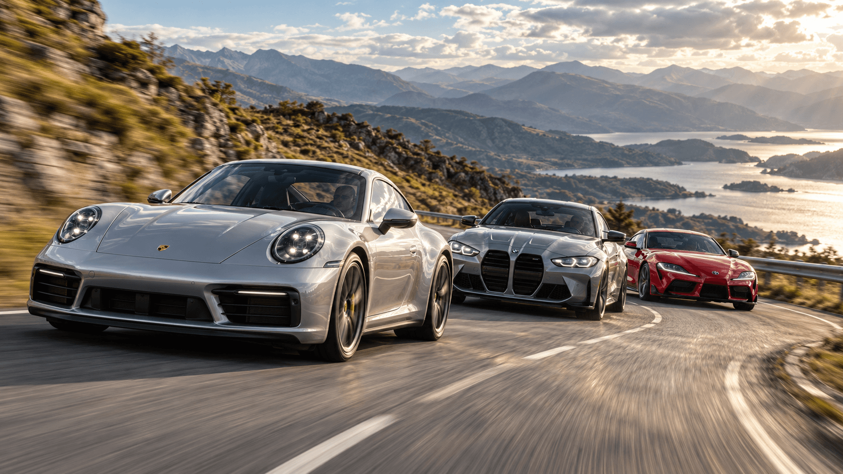 Porsche, BMW y Toyota en una carretera de montaña junto a un lago