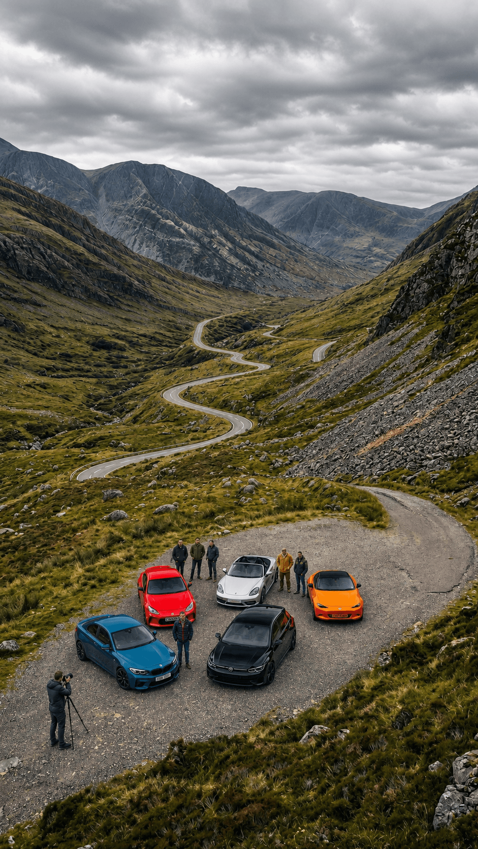 Vista aérea de un BMW M2 azul, un VW Golf R negro y un Porsche Boxster rojo en un puerto de montaña