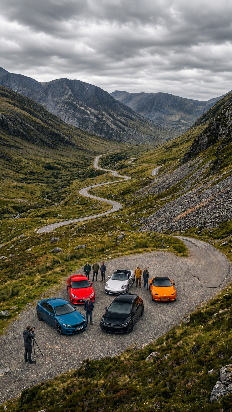 Vista aérea de un BMW M2 azul, un VW Golf R negro y un Porsche Boxster rojo en un puerto de montaña